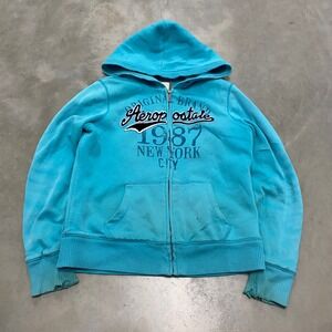 Aeropostale Teal Blue 1987 Graphic Zip Up Hoodie Sweatshirt Women's XL